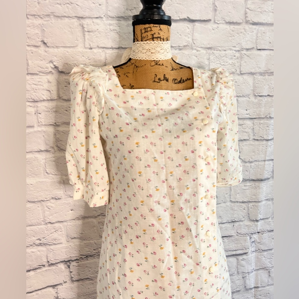 Vintage 70s 80s Midi Dress White Floral Romantic Feminine Coquette Girlhood - Picture 4 of 11